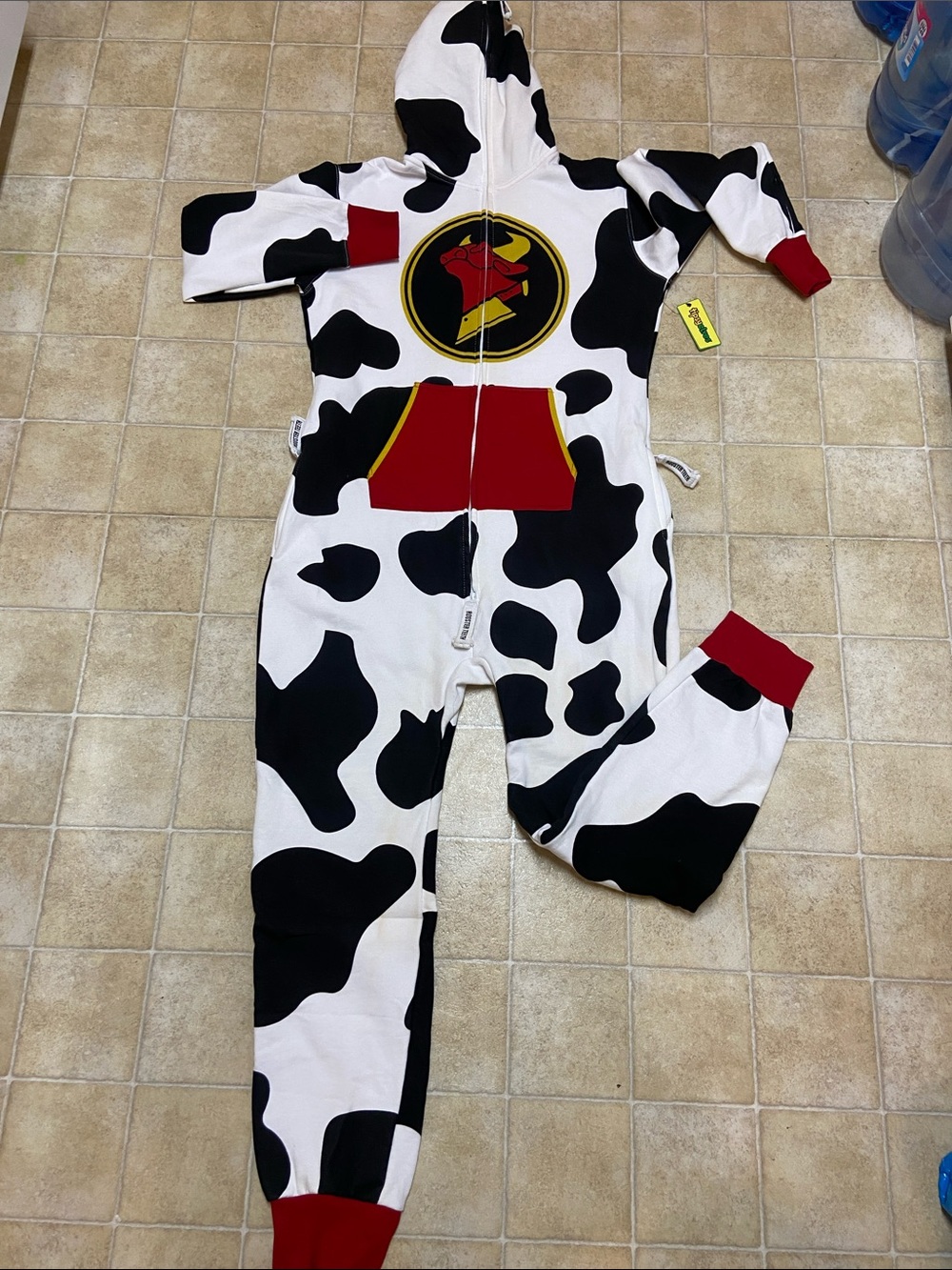 ROOSTER TEETH Cow Chop-Print Hooded Adults One-Piece Footie with Red Accents